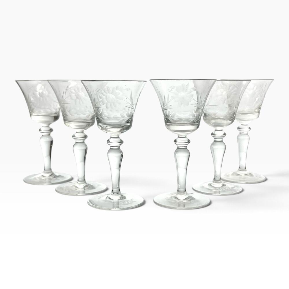 1950s Vintage Mid-century 6 Etched Flower Cordial Liquor Wine Glasses 4 1/4” 1oz